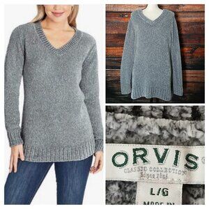 Orvis Sweater Size L Gray Soft Chenille Chunky Knit Velvety Warm V-Neck